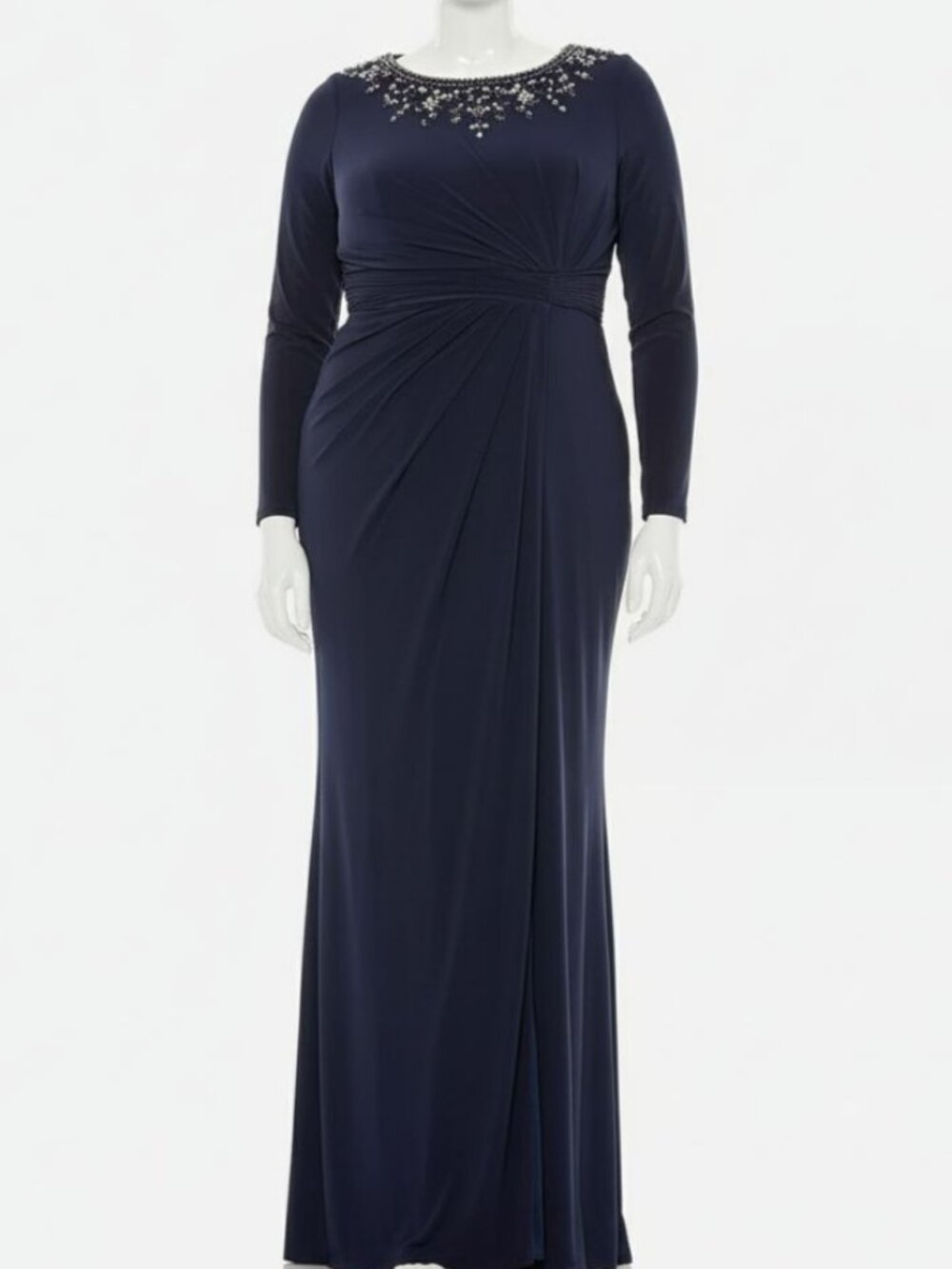 Mac Duggal Women's Blue Embellished Neckline Jersey Gown Dress Plus Size 20W
